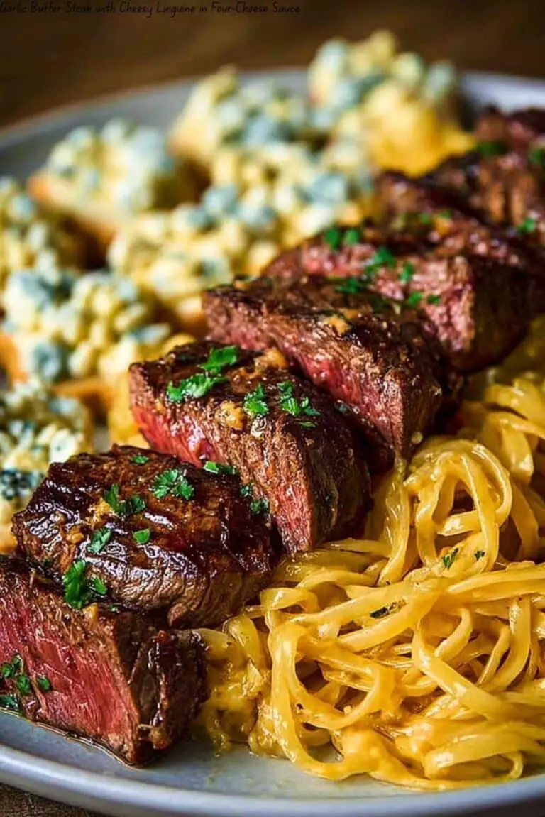Garlic Butter Steak with Cheesy Linguine in Four-Cheese Sauce