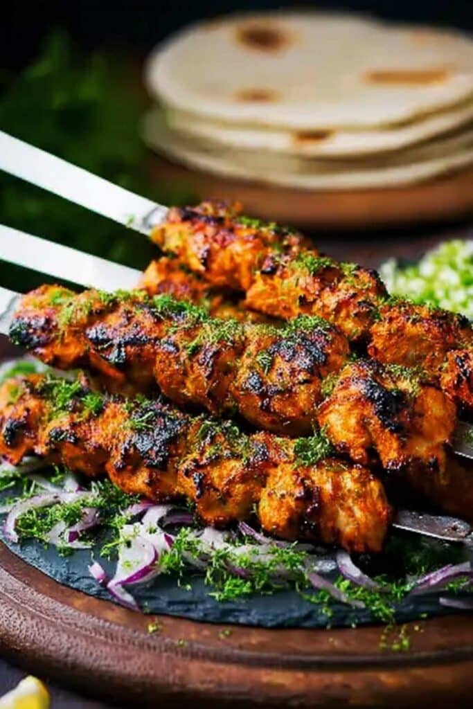 Indian Tandoori Chicken Tikka Kebab Skewers