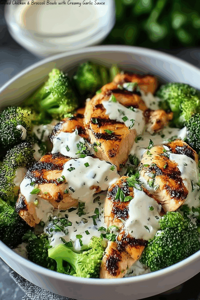 Grilled Chicken & Broccoli Bowls with Creamy Garlic Sauce