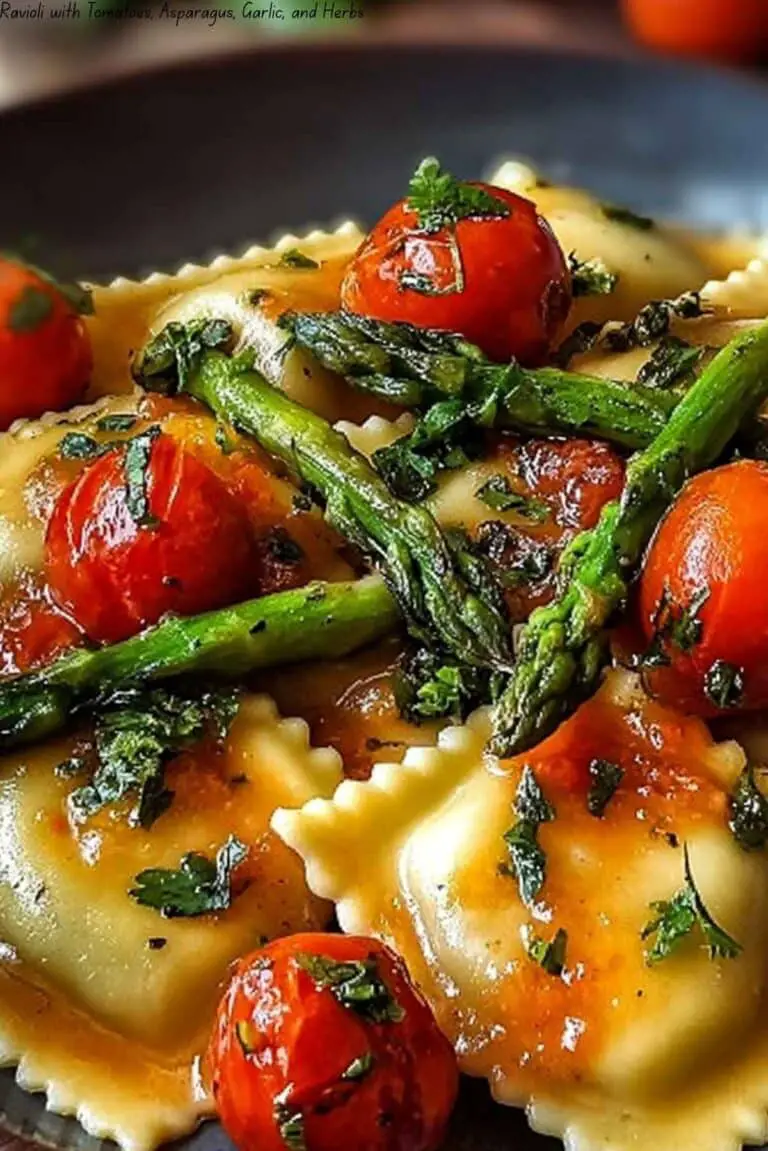 Ravioli with Tomatoes, Asparagus, Garlic, and Herbs