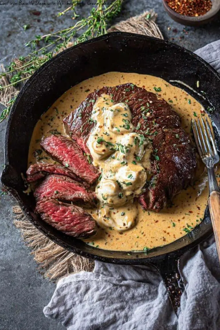 Cast Iron Bavette Steak with Whiskey Garlic Cream Sauce
