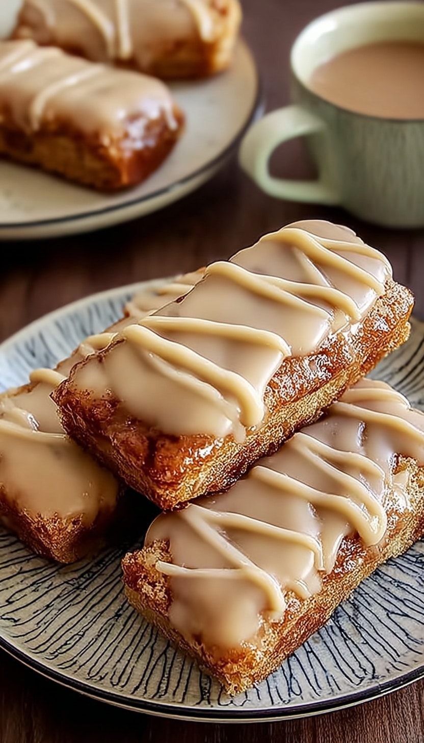 Four rectangular golden-brown pastries are stacked on a white plate with a dark blue abstract line pattern. Each pastry is covered with a thick, shiny light beige icing that drips slightly over the edges. In the background, there is a white cup filled with tea on a matching white saucer, and a blurred brown plate with a piece of pastry on a surface with a white marbled texture. The whole scene has a warm, soft light. photo taken with an iphone --ar 4:5 --v 6.1