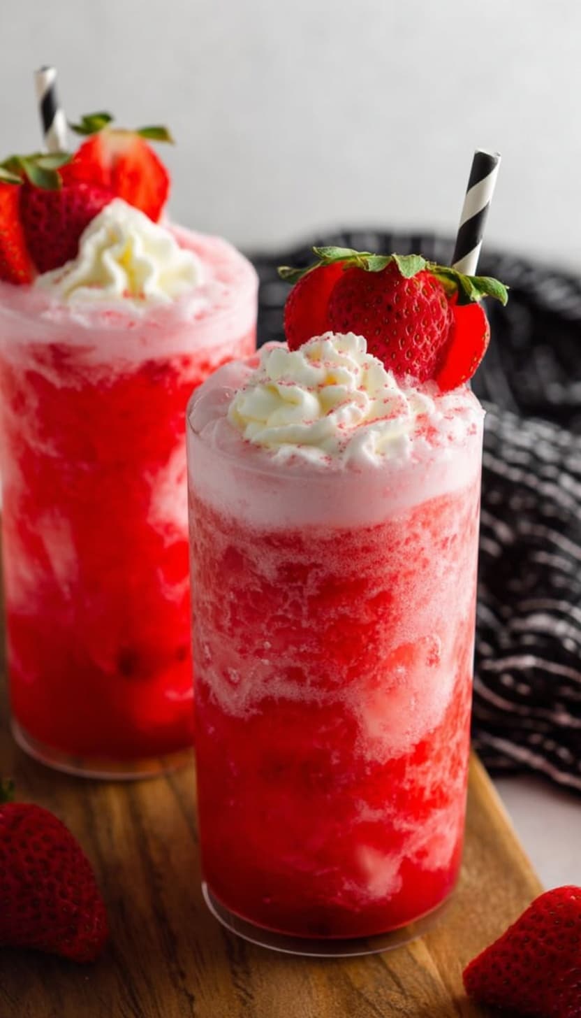 Two tall clear glasses sit on a wooden board over a white marbled surface. Each glass has three main layers: a smooth white layer at the bottom, a thick bright red icy layer in the middle, and a swirl of white whipped cream on top. A fresh red half strawberry with green leaves decorates the whipped cream on each glass. Black straws with large white dots stand upright, one in each glass. Three whole red strawberries with green tops lie on the wooden board near the glasses. A black and white checkered cloth is placed beside the board. photo taken with an iphone --ar 4:5 --v 6.1