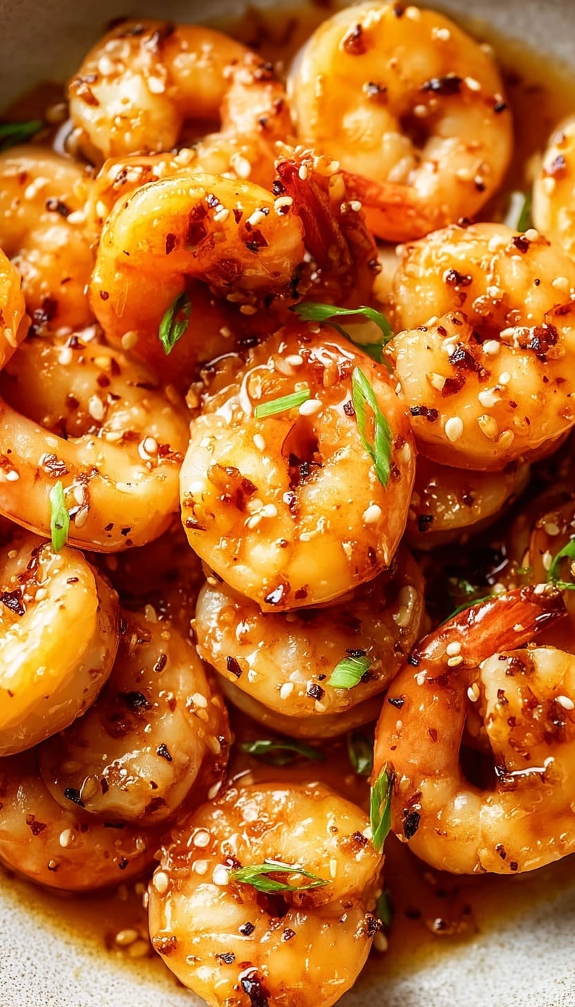 The image shows a close view of a white plate filled with many cooked shrimp in a bright orange sauce that looks shiny and slightly thick. The shrimp are arranged in a dense, overlapping way, with some pieces showing a light golden brown color from cooking. Small green slices of scallion are scattered over the shrimp, adding pops of bright green color. The sauce has tiny bits of red chili flakes and garlic, making the texture look a bit rough. The background is a white marbled surface. photo taken with an iphone --ar 4:5 --v 6.1