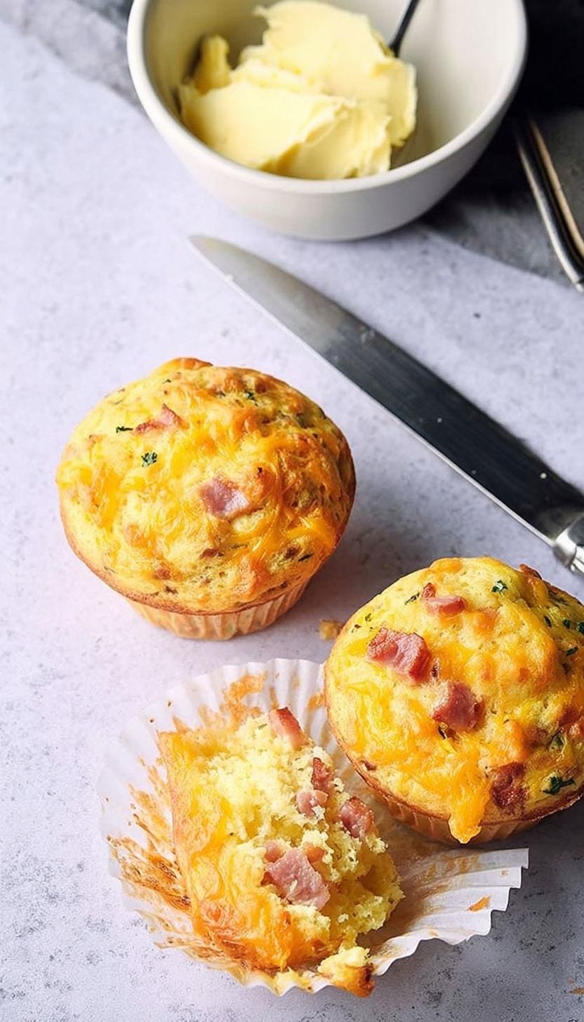 The image shows three savory muffins on a white marbled surface. Two whole muffins wrapped in white paper liners display a lightly golden, slightly rough texture with bits of green and orange ingredients visible through the surface. One muffin is open with its white paper liner spread out underneath, showing a moist, dense inside with small pink pieces scattered throughout. One half of this muffin has a smooth, shiny yellow layer of melted butter on top. To the upper right, a small white bowl holds soft yellow butter with a silver butter knife resting across it. Photo taken with an iphone --ar 4:5 --v 6.1