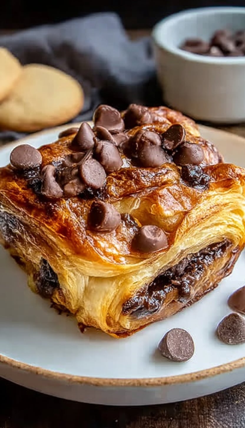 A square-shaped pastry with a golden brown flaky crust sits on a white plate on a white marbled surface. The top layer shows the crisp, shiny texture of the pastry, decorated with scattered dark chocolate pieces. Inside, the pastry is layered with melted dark chocolate and creamy filling, showing a rich, gooey texture with a mix of dark browns and light caramel colors. The pastry is partially eaten, revealing the thick chocolate and custard-like inside layers, contrasting with the crispy outside. Photo taken with an iphone --ar 4:5 --v 6.1