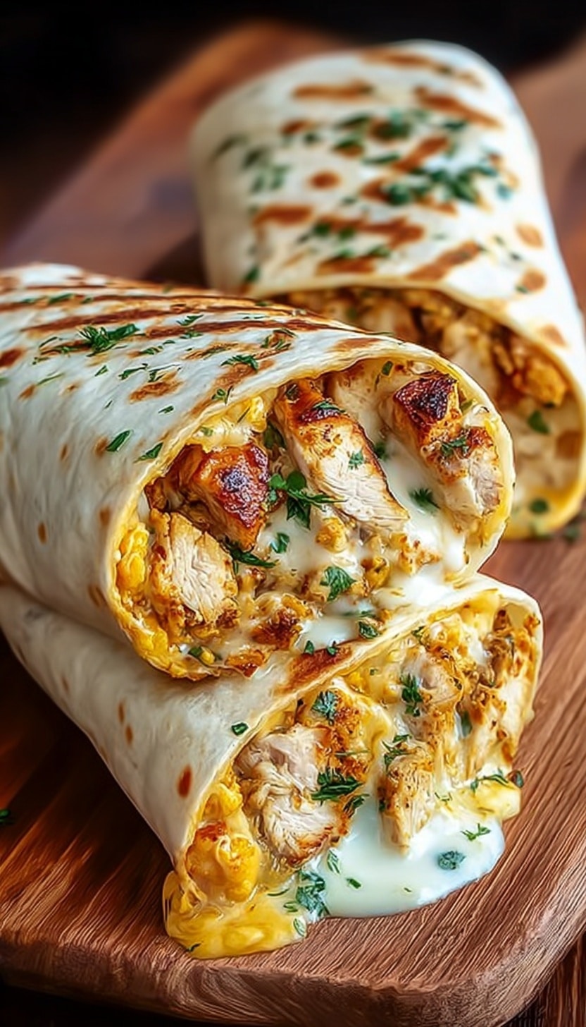 There are two grilled tortillas rolled up and filled, placed on a wooden board. Each tortilla has three visible layers: the outer golden-brown grilled wrap, the middle layer of creamy white sauce mixed with melted yellow cheese, and the top layer of chunky cooked chicken pieces mixed with chopped green herbs. The fillings are spilling out slightly, showing the creamy and chunky textures clearly. The wooden board is placed on a white marbled surface. Photo taken with an iphone --ar 4:5 --v 6.1