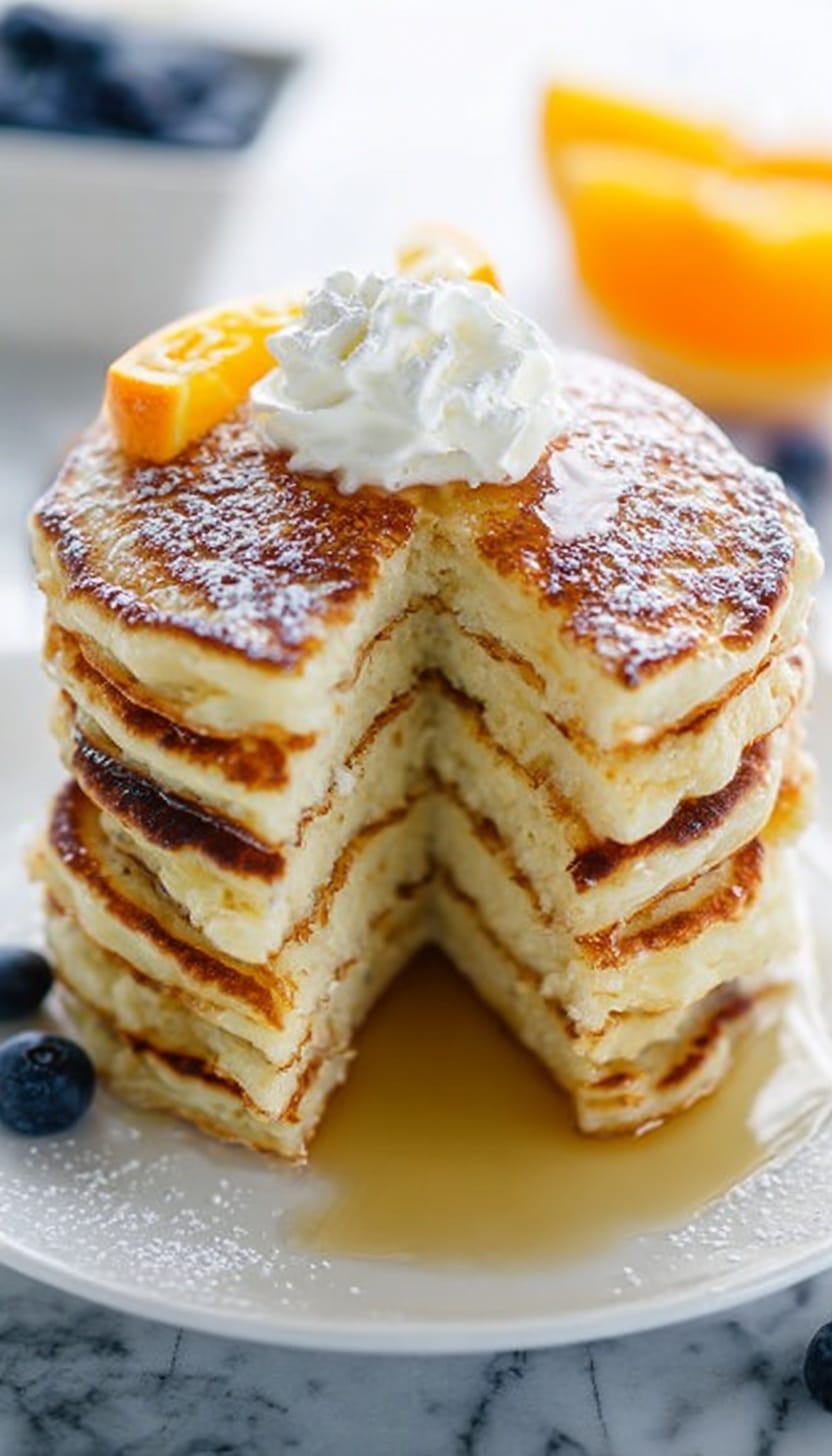 A tall stack of five thick, fluffy pancakes with a light golden-brown color sits on a white plate over a white marbled surface. On top of the pancakes, there is a swirl of white whipped cream and a thin slice of bright orange citrus. Powdered sugar is lightly dusted over the pancakes and plate. Around the plate, there are scattered fresh blueberries and orange slices. The photo is bright and clear, emphasizing the soft texture and warm color of the pancakes. Photo taken with an iphone --ar 4:5 --v 6.1