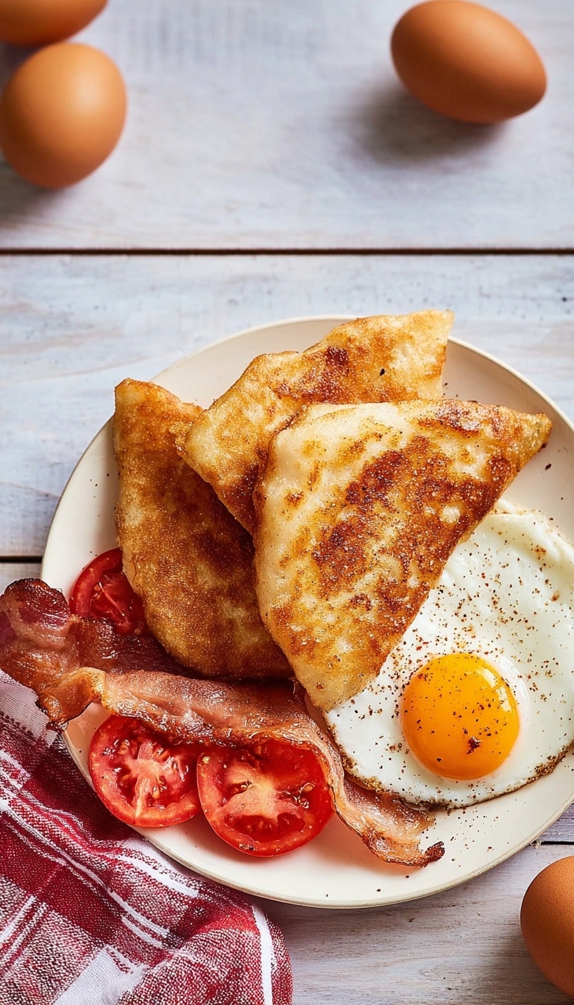 The dish shows a white round plate with a red patterned edge, holding two golden brown triangle-shaped hash browns on the left. On the right side, there is a sunny-side-up egg with a bright yellow yolk in the center and white edges slightly crispy. Above the egg, there is a roasted half tomato showing red and charred skin. Next to the tomato, two strips of crispy bacon with pink and reddish hues lay slightly on top of the egg. The plate rests on a white marbled textured surface, with a red and white striped cloth napkin below and silver fork and knife placed on the left side of the plate, photo taken with an iphone --ar 4:5 --v 6.1