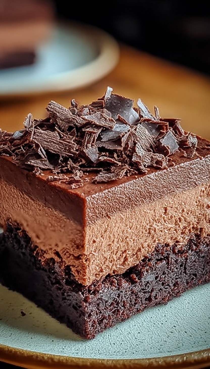 A square chocolate dessert with three main layers sits on a white plate with a subtle speckled pattern on a white marbled surface. The bottom layer is a dense, dark brown cake with a slightly crumbly texture. Above this is a thick, smooth middle layer of light brown creamy mousse that looks soft and fluffy. The top layer consists of a generous pile of dark chocolate chunks and shavings, adding a rough texture and deeper color contrast to the creamy mousse below. The edges of the dessert are clean, showing the clear separation of each layer. Photo taken with an iphone --ar 4:5 --v 6.1