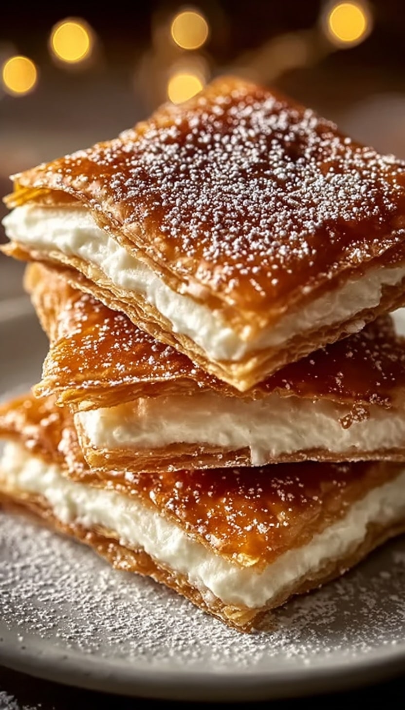 A close-up view of three rectangular layers stacked on a white plate set on a white marbled surface. Each layer has two thin, golden-brown, crispy sheets with a slightly shiny and flaky texture. Between each crispy sheet pair, there is a thick, creamy white filling with a smooth and soft appearance. The top layer is dusted with a light sprinkling of white powdered sugar that adds a delicate contrast to the golden surface. The layers are neatly stacked but slightly offset to show the thickness of the cream inside. In the background, there are warm, blurred golden lights creating a cozy ambiance. photo taken with an iphone --ar 4:5 --v 6.1
