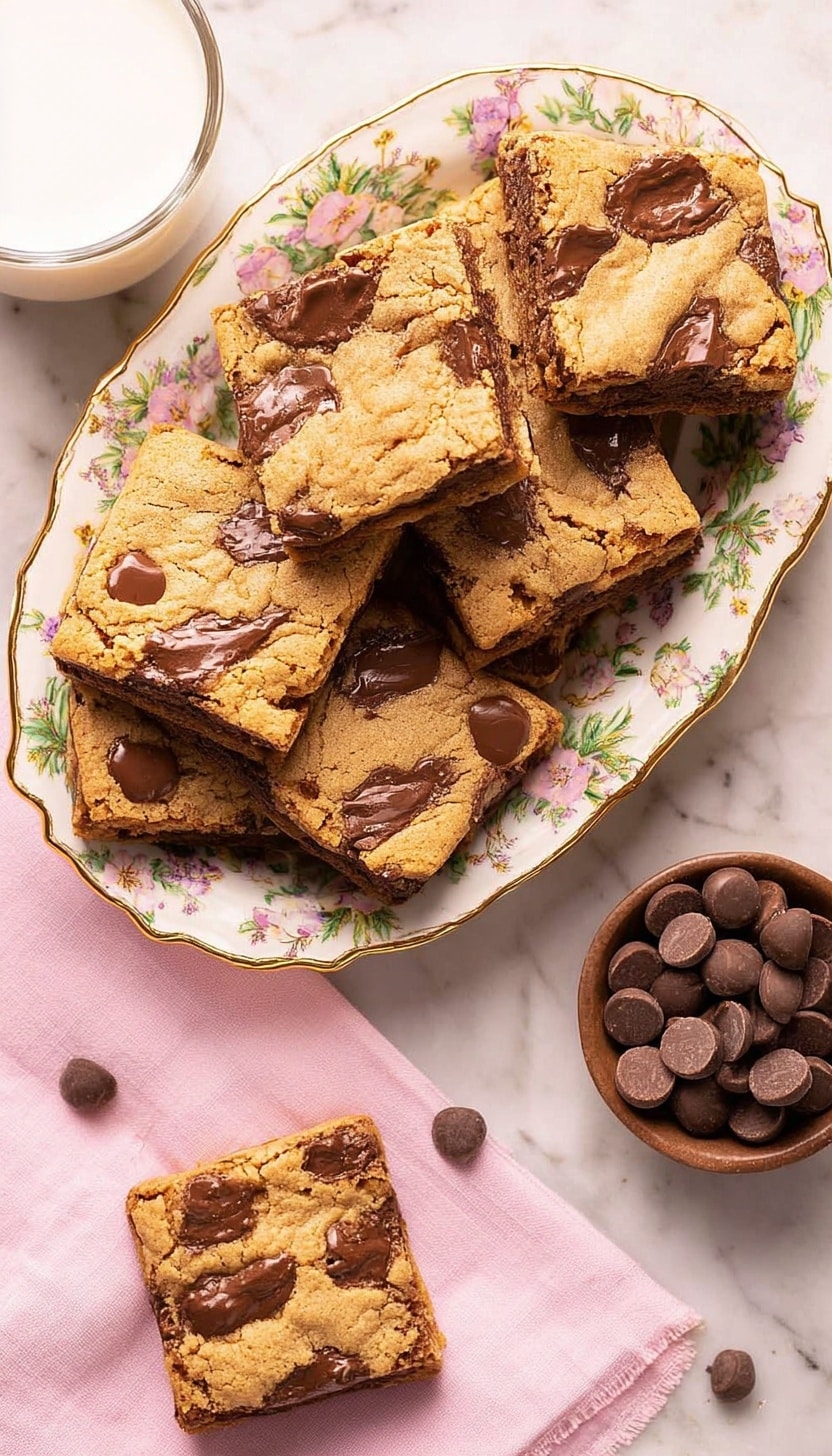 A white oval plate holds a stack of about eight square brownies with a marbled pattern of light golden cookie dough and darker chocolate, scattered with chocolate chips on top. Next to it is a small white round plate with a green border pattern, holding two square brownies with the same marbled cookie and chocolate look, also topped with chocolate chips. A few chocolate chips are scattered on the white marbled surface nearby, along with a pink cloth on the left side. To the right, a clear glass filled with white milk sits on the white marbled surface. Photo taken with an iphone --ar 4:5 --v 6.1