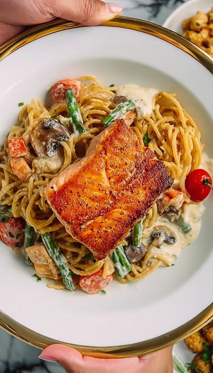 A white plate with a thin golden rim is held by two woman's hands on a white marbled surface. At the bottom of the plate, there is a small nest of light brown spaghetti noodles spread loosely. On top of the noodles, there is a creamy sauce with visible pieces of chopped bacon and wilted green spinach. Scattered in the sauce are several halved bright red cherry tomatoes. The main focus is a thick, square piece of salmon with a browned, crispy top layer resting at the center of the plate, showing a nicely cooked orange-pink flesh beneath. photo taken with an iphone --ar 4:5 --v 6.1
