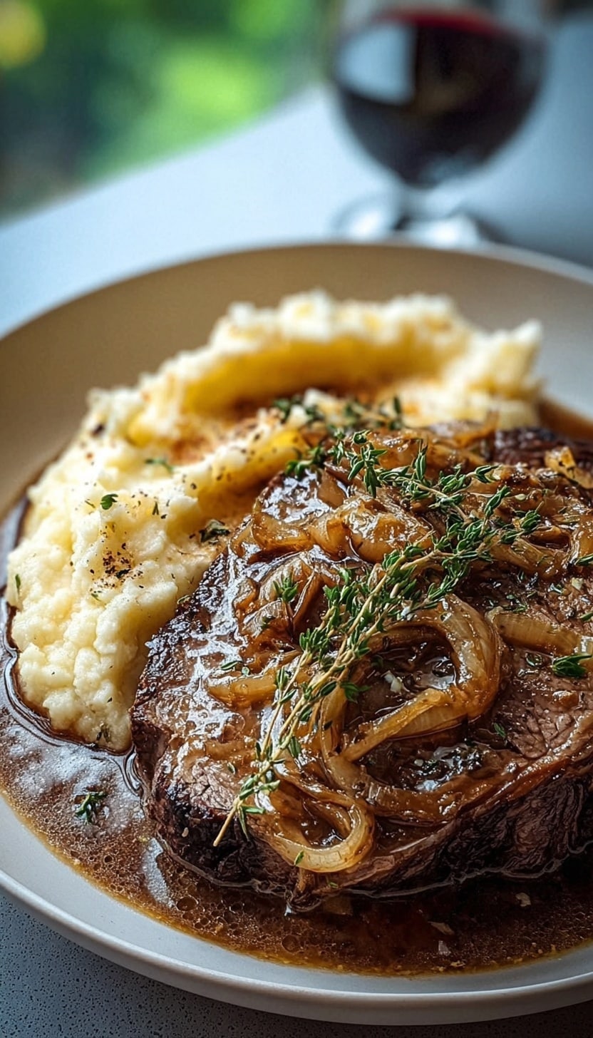 A white plate sits on a white marbled surface holding a dish with two main layers: a tall mound of creamy, pale yellow mashed potatoes with a small green herb garnish on top to the left, and on the right, thick slices of dark brown, tender meat covered in a shiny, rich brown onion gravy with translucent cooked onion slices spread over and under the meat. Fresh green thyme sprigs lay across the meat, adding a touch of freshness. A fork rests behind the meat on the plate with a blurred glass of dark red wine in the background. Photo taken with an iphone --ar 4:5 --v 6.1
