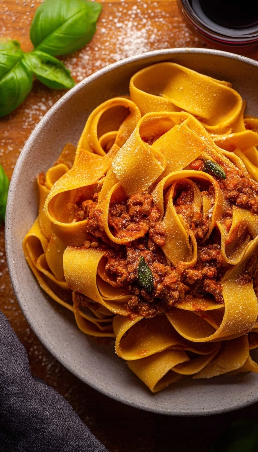 A deep white bowl holds wide, golden-yellow pasta ribbons folded and layered thickly, with a rich, chunky meat sauce coating and filling the pasta. The sauce is a deep reddish-brown color with visible small bits of meat and herbs sprinkled throughout, creating a textured look. Three bright green basil leaves rest on the lower right side of the bowl, adding fresh color contrast. A silver fork is placed inside the bowl on the right side, partially digging into the pasta. The bowl is set on a dark gray cloth napkin over a white marbled surface, with a small bowl of grated cheese and a block of cheese beside it. Photo taken with an iphone --ar 4:5 --v 6.1