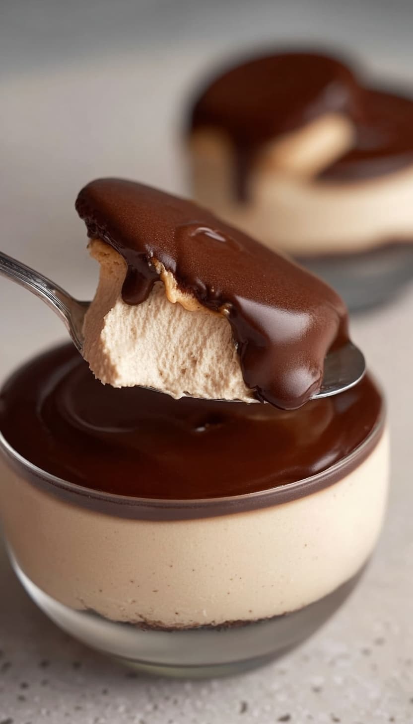 The dessert is shown in a clear glass cup with two visible layers: a smooth, thick, light beige creamy bottom layer that looks soft and fluffy, topped by a shiny, dark chocolate layer with a solid, glossy texture. A spoon holds a rounded scoop, displaying both layers clearly, with the chocolate layer on top and the beige cream below, showing some gentle blending at the edges where the two meet. The background and surface show a white marbled texture. Photo taken with an iphone --ar 4:5 --v 6.1