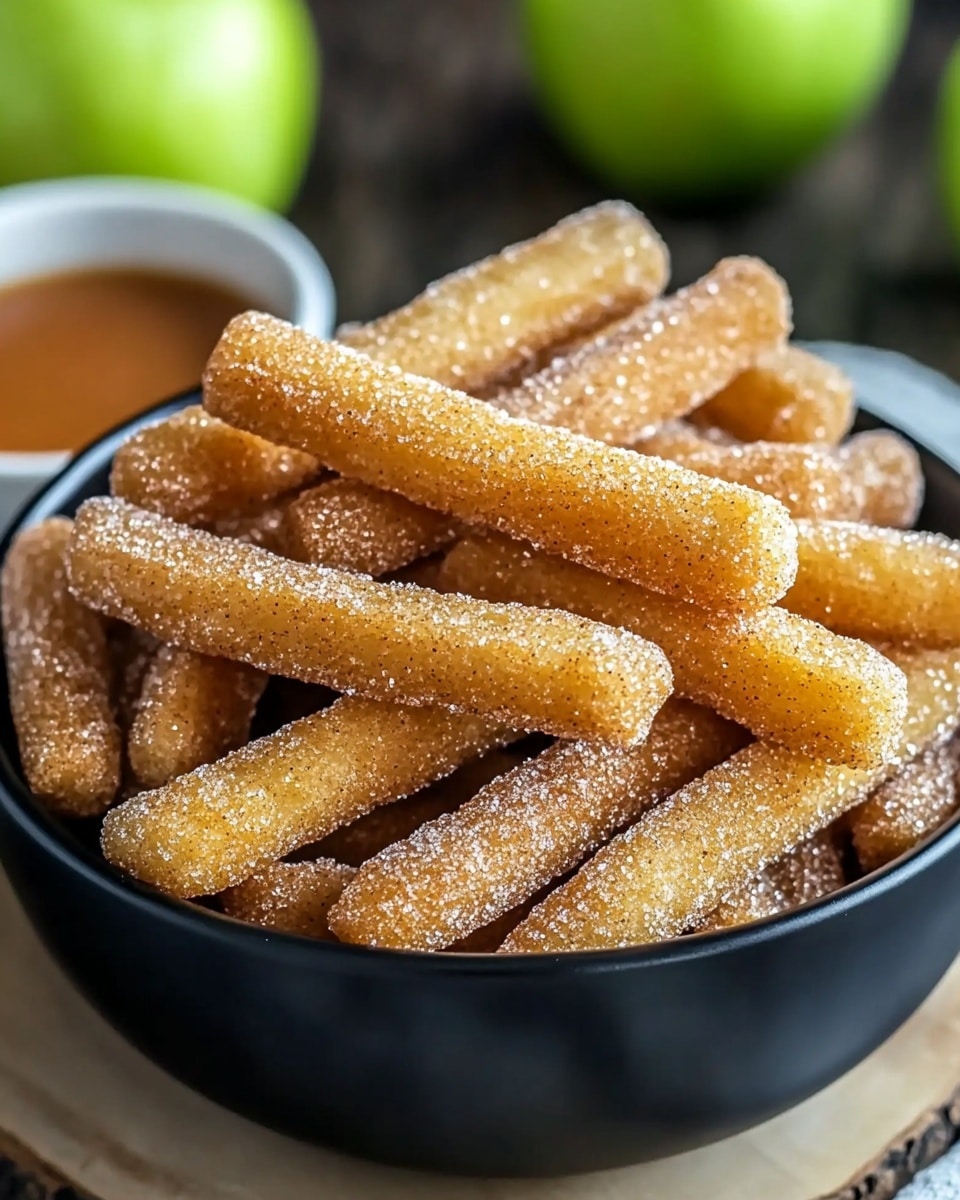 A black bowl filled with many light golden brown sticks covered in sugar and cinnamon powder, each stick showing a rough, grainy texture from the sugar coating. The sticks fill the bowl, some leaning against each other, creating a layered look. In the background, there are some green apples out of focus and a small white bowl with a caramel-colored dipping sauce. The bowl is placed on a round wooden surface with a white marbled texture under it. photo taken with an iphone --ar 4:5 --v 6.1