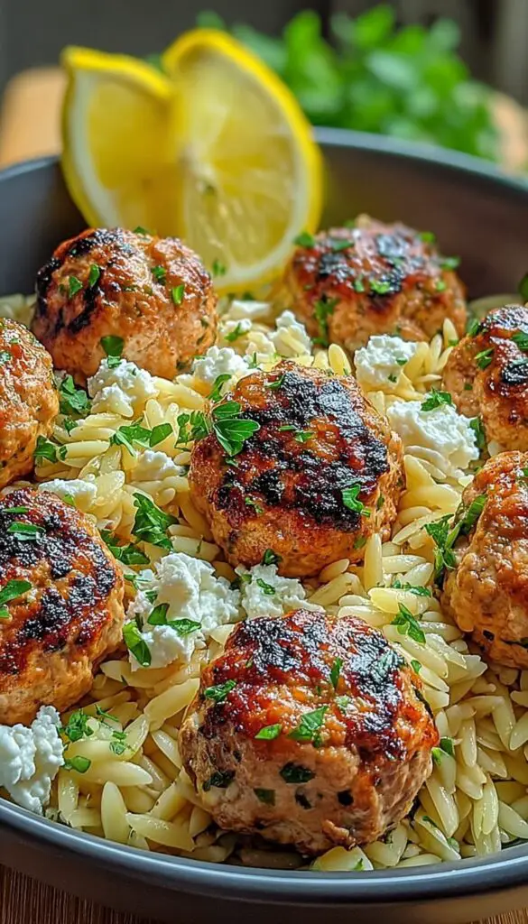 Greek Chicken Meatballs with Lemon Orzo Recipe