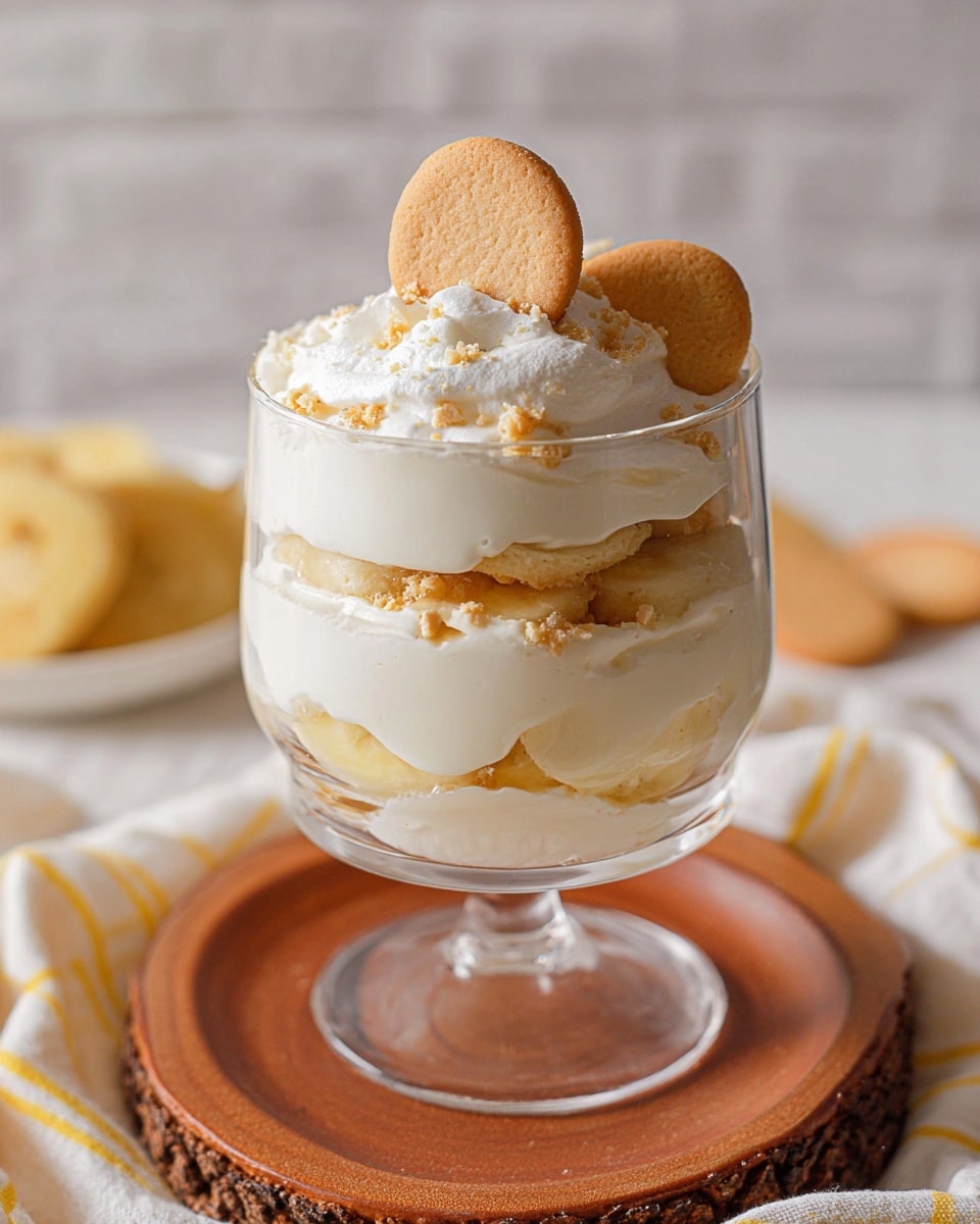 The image shows a glass bowl of banana pudding with clear layers visible. The bottom layer has light brown cookies, followed by a thick creamy white layer. Above that is a layer of banana slices, then another creamy white layer. The top is covered with more cookie pieces and banana slices scattered over the creamy topping. In front of the large bowl, there is a smaller white bowl filled with the pudding, showing the same texture and toppings on top. A woman's hand holds a spoonful of the pudding above the smaller bowl, highlighting the creamy texture mixed with banana and cookie pieces. The background and surface are white marble. Photo taken with an iphone --ar 4:5 --v 6.1