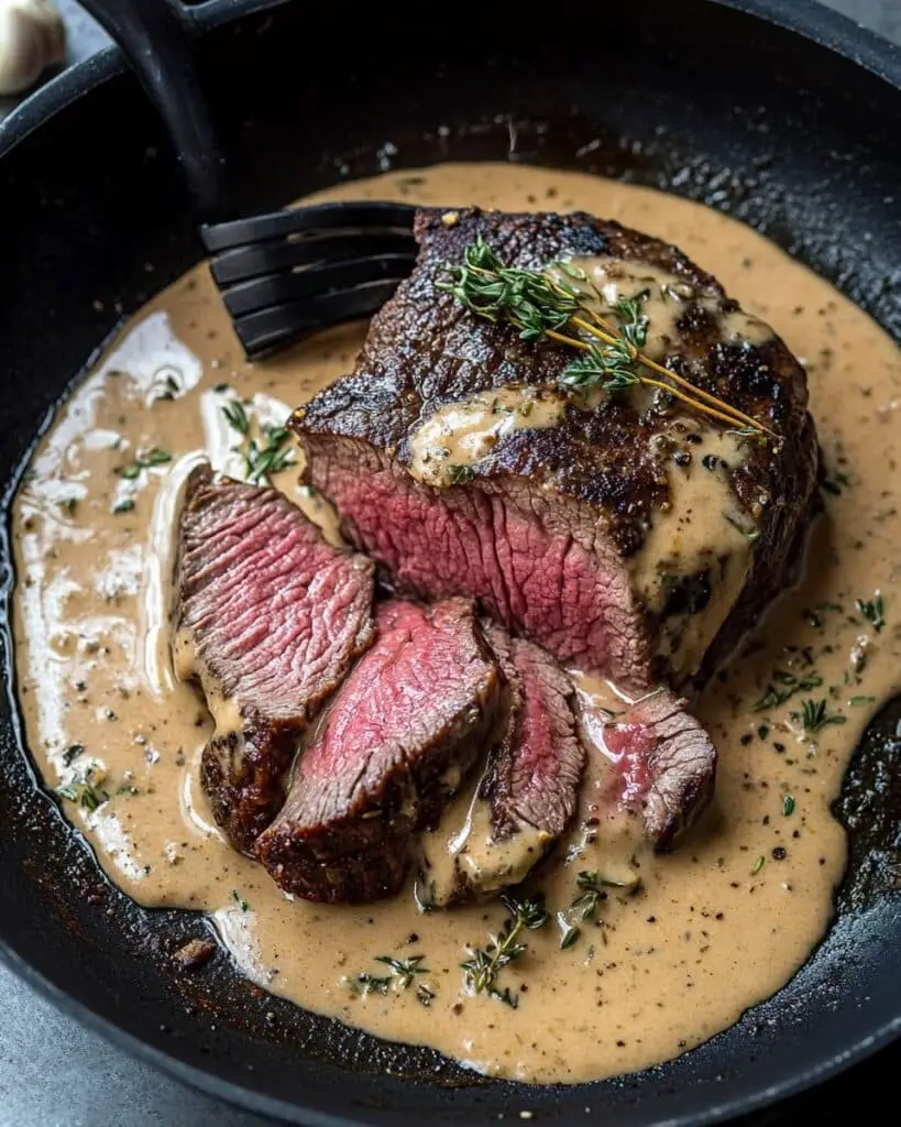 Cast Iron Bavette Steak with Whiskey Garlic Cream Sauce Recipe