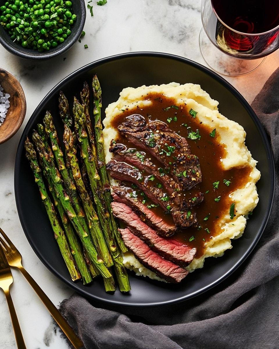 Bavette Steak with Roasted Garlic Pan Sauce, Fingerling Potatoes, Asparagus, and Chive Sour Cream Recipe - Recipe Image