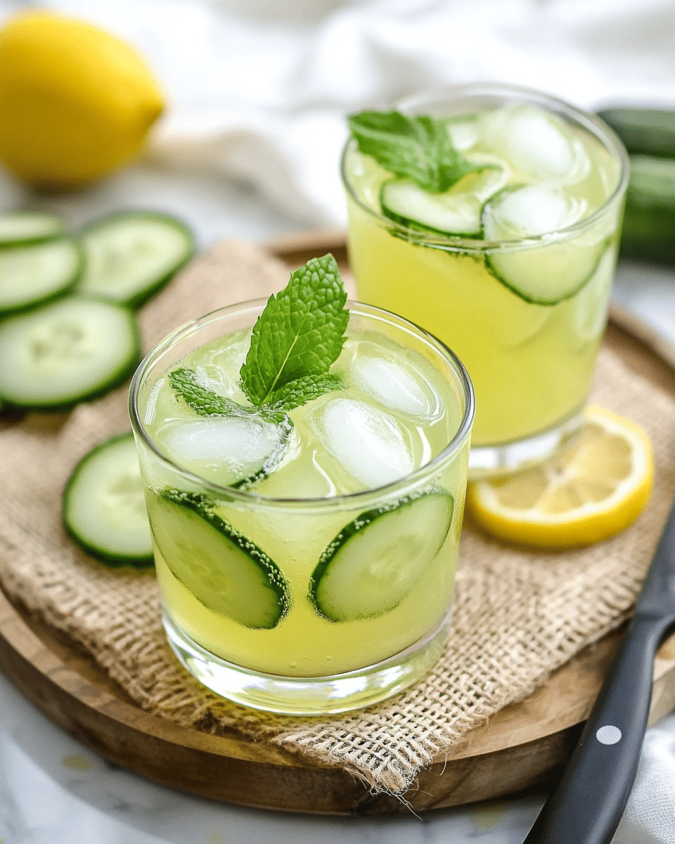 The image shows two clear glasses filled with a light green drink packed with ice cubes and fresh mint leaves floating on top. The glasses sit on a round wooden tray covered with a piece of brown burlap cloth. In the background, there are blurred slices of cucumber and a halved lemon resting on a white marbled surface. The scene is bright and fresh, with a knife with a black handle placed nearby, adding to the preparation feel. photo taken with an iphone --ar 4:5 --v 6.1