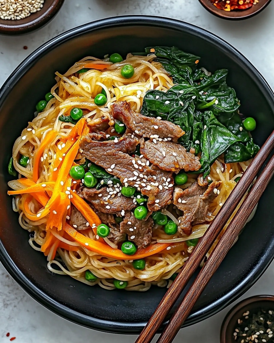 Japchae (Korean Stir-Fried Glass Noodles with Beef and Vegetables) Recipe - Recipe Image