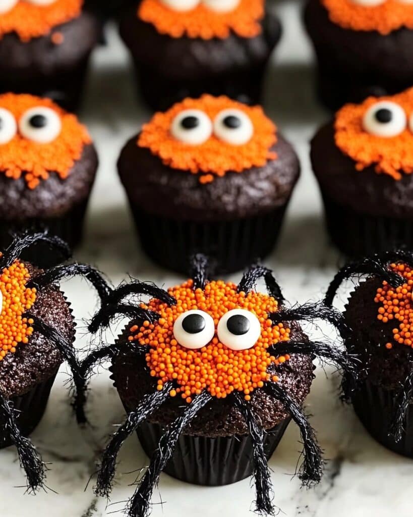 Spooky Spider Cupcakes with Candy Corn and Licorice Legs Recipe