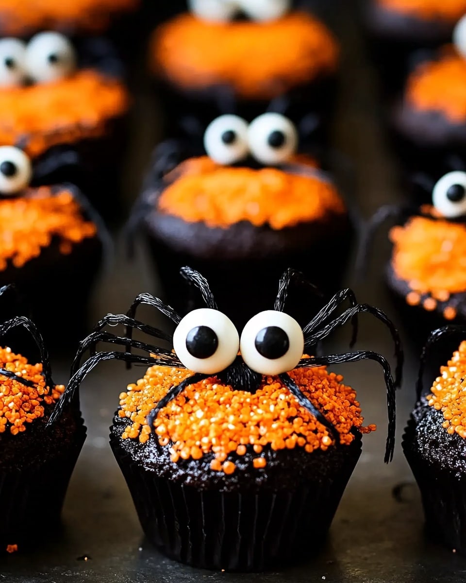 Spooky Spider Cupcakes with Candy Corn and Licorice Legs Recipe - Recipe Image