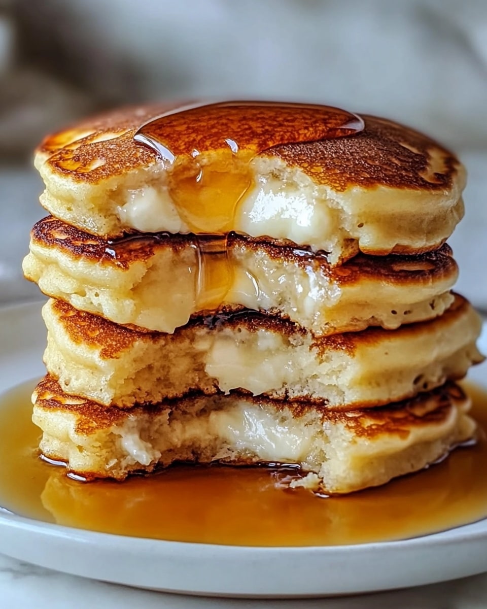 A stack of four thick pancakes with a crispy golden brown top and soft edges sits on a white plate, placed on a blue and white cloth over a white marbled surface. Each pancake has two layers: a light fluffy pancake layer and a beefy filling layer with a rough texture and brown color inside. The center reveals melted creamy cheese flowing between the beef layers. Syrup drips down the sides and a drop of syrup is caught in midair above the top pancake. The warm tones of the pancakes and syrup contrast softly with the neutral white plate and background. Photo taken with an iphone --ar 4:5 --v 6.1
