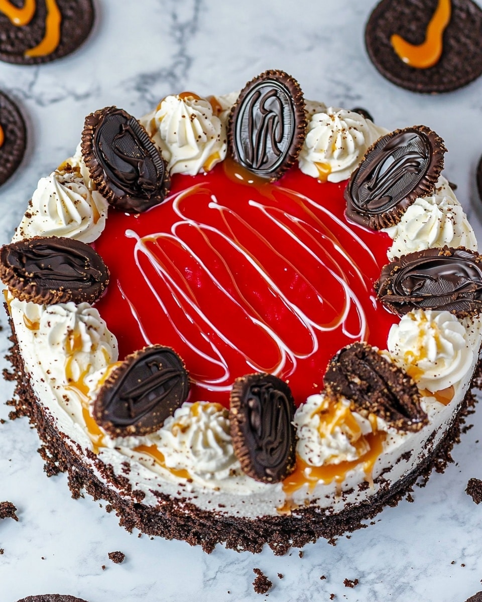 A round cake with a bright red smooth frosting base, topped with a ring of white whipped cream swirls around the edge. Each whipped cream swirl is decorated with a half chocolate sandwich cookie standing vertically. Inside the ring of whipped cream is a thick circle of dark crushed cookie crumbs, surrounding the center which has vivid red frosting with thin drizzled lines of shiny caramel sauce. The cake sits on a white marbled surface with some scattered cookie crumbs and caramel drops. Photo taken with an iphone --ar 4:5 --v 6.1
