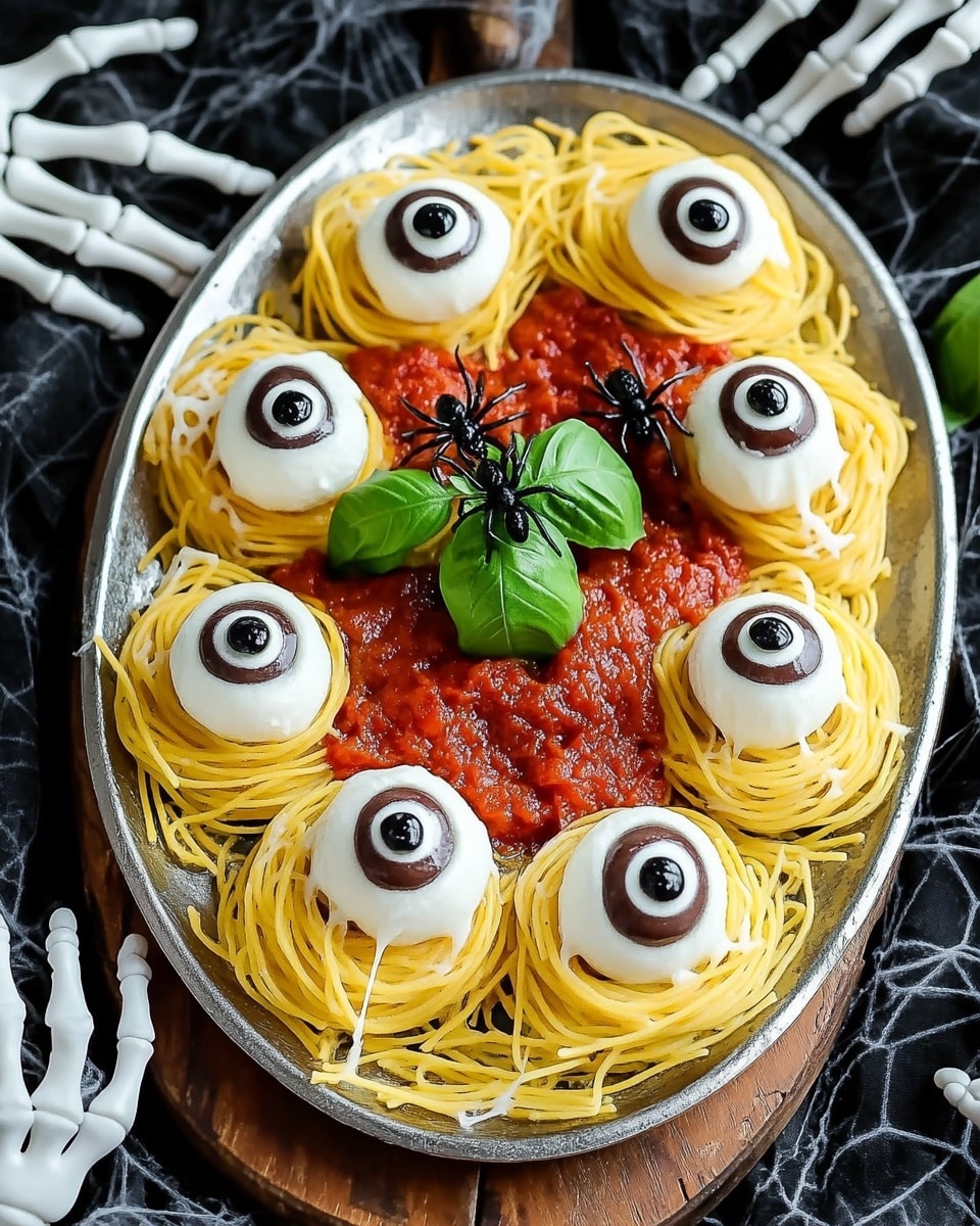 A large oval silver plate holds a Halloween-themed pasta dish with nine small nests of yellow spaghetti arranged across the plate. Each nest is topped with a white mozzarella ball designed to look like an eyeball, complete with a black olive slice in the center. Rich red marinara sauce is spread around and between the spaghetti nests, with a fresh bright green basil leaf cluster in the middle for color contrast. Two black plastic spiders rest on the sauce near the center of the plate. The plate is placed on a wooden board over a black and white web-patterned cloth. Around the plate are white skeleton hands, creating a spooky Halloween vibe. Photo taken with an iphone --ar 4:5 --v 6.1