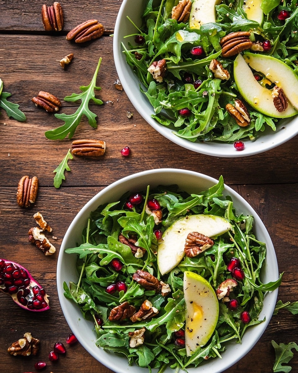 Two white bowls of fresh arugula salad sit on a wooden table. Each bowl is filled with dark green arugula leaves, thin slices of light red and yellow apple, and shiny pecan halves. The salad also has small bits of pale green avocado and scattered red pomegranate seeds. The leaves look fresh and slightly glossy, with a few small drops of liquid on them. Around the bowls, there are some pecans and pomegranate seeds on the table. The texture of the wooden table contrasts with the fresh salad. photo taken with an iphone --ar 4:5 --v 6.1