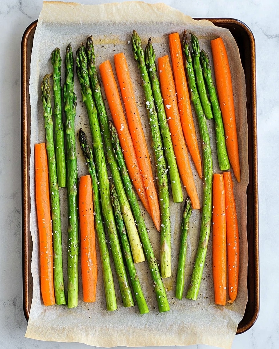 The image shows a baking tray lined with parchment paper, filled with long, whole green asparagus spears and long orange carrot sticks. The asparagus and carrots are arranged loosely side by side, covering most of the tray but not too crowded. Both vegetables have a slight shine, likely from oil, and are sprinkled with coarse black pepper and small salt grains. The baking tray sits on a white marbled surface. photo taken with an iphone --ar 4:5 --v 6.1
