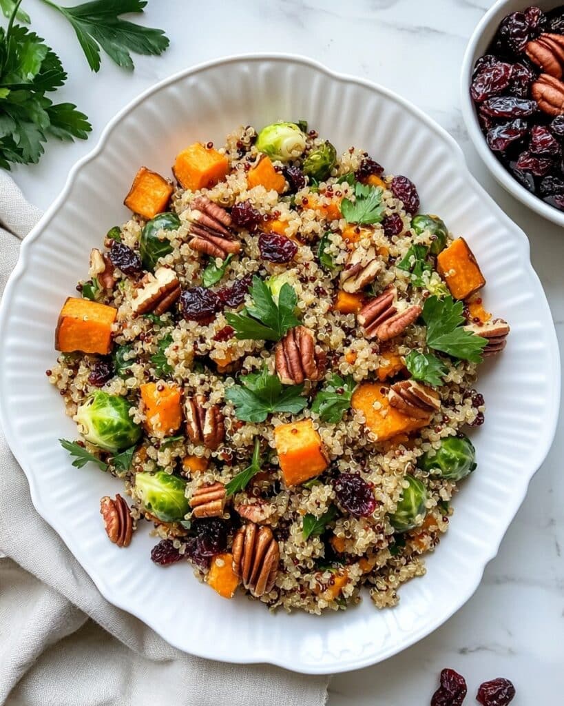 Autumn Quinoa Salad with Roasted Brussels Sprouts, Butternut Squash, Cranberries, and Honey Mustard Vinaigrette Recipe