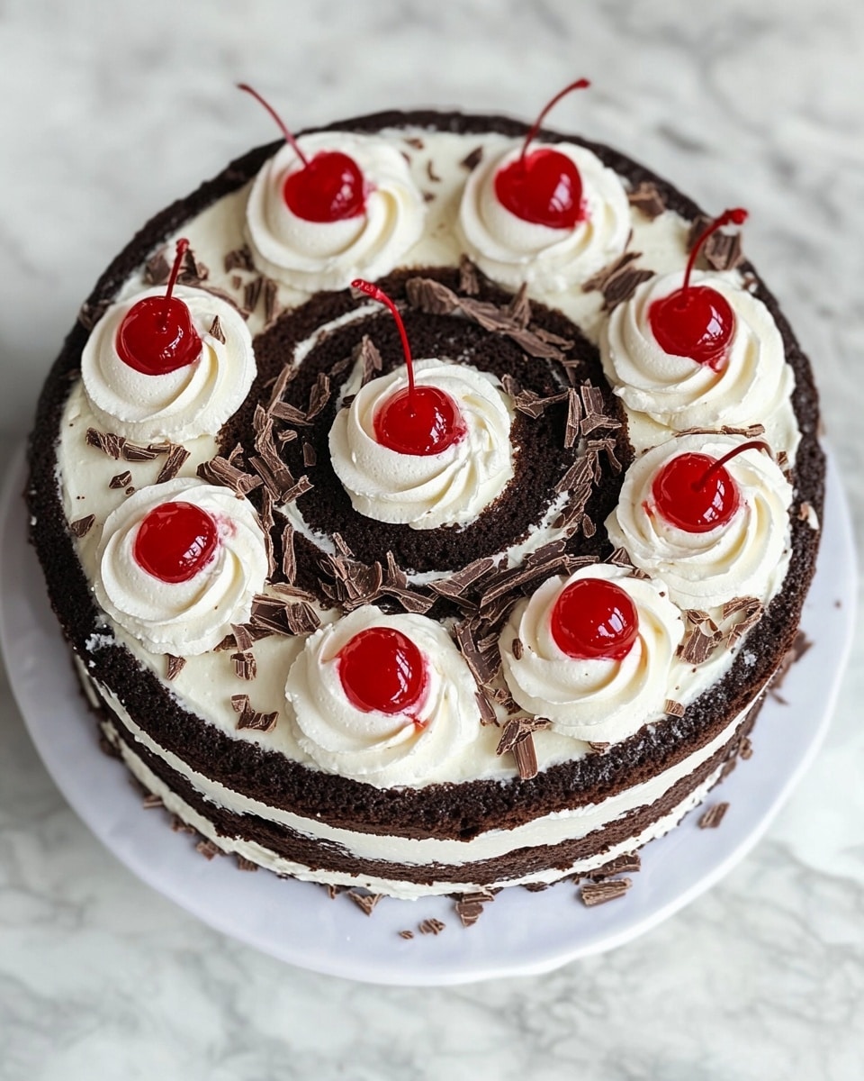 A round chocolate spiral cake with three visible layers: the bottom and middle layers are dark chocolate sponge, while the thin cream layers between are white and creamy with small red jelly spots scattered inside. The top layer is decorated with white cream dollops evenly spaced around the edge, each topped with a bright red cherry. A few chocolate shavings are sprinkled over the cream dollops. The cake sits on a white plate, placed on a white marbled surface. Photo taken with an iphone --ar 4:5 --v 6.1