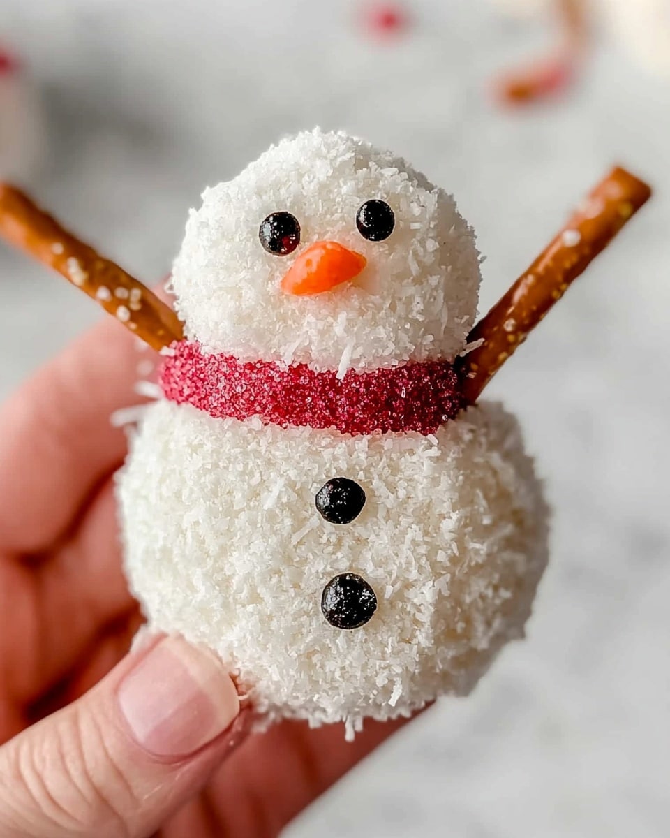 A small snowman-shaped treat is held by a woman's hand against a white marbled background. The snowman has two round white layers covered with shredded coconut, with the top layer shaped slightly smaller to form the head. It has black eyes and buttons made of small dark decorations, and a small orange piece for the nose. A bright red sugar-coated candy strip wraps around the neck as a scarf. Two thin pretzel sticks are placed on each side as arms, sticking out from the middle layer. The photo taken with an iphone --ar 4:5 --v 6.1