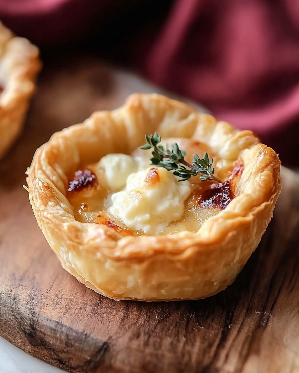The image shows a close-up of a single puff pastry tartlet with three visible layers of golden, flaky crust forming the base and sides. The top layer is uneven and has a light golden-brown crisp texture. Inside the tartlet, there are small dollops of soft, white cheese scattered unevenly with a light toasty spot. A tiny sprig of fresh green herb rests on top of the cheese. The tartlet is placed on a wooden board with white-painted floral patterns, and the background features a blurred deep red cloth and a white marbled texture. Photo taken with an iphone --ar 4:5 --v 6.1