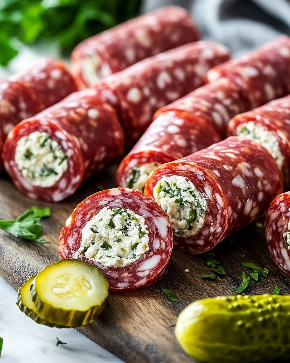 Keto Salami Roll-Ups with Cream Cheese and Dill Pickles Recipe - Recipe Image