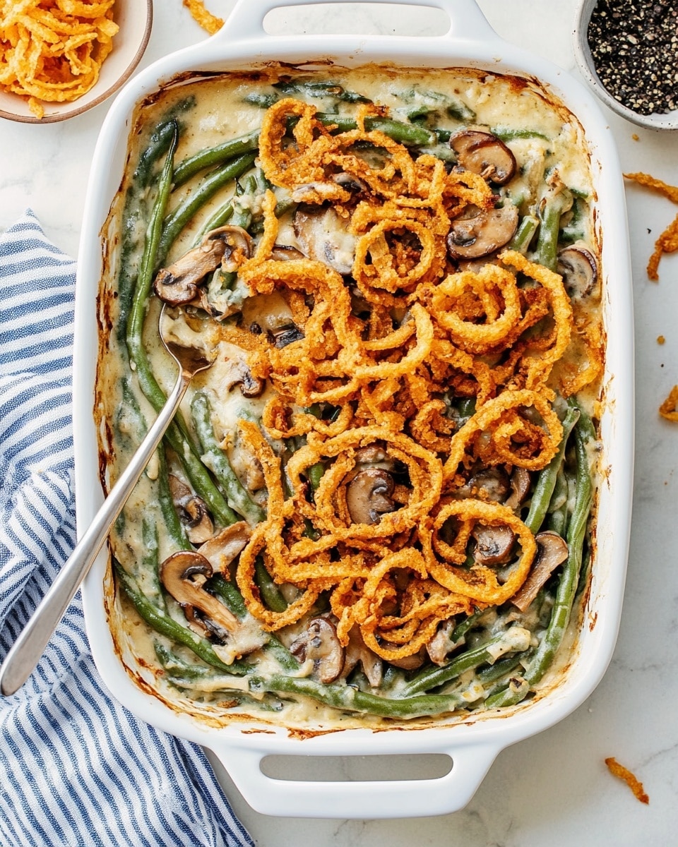 Creamy Green Bean Casserole with Mushrooms, Fried Onions, and Parmesan Recipe - Recipe Image