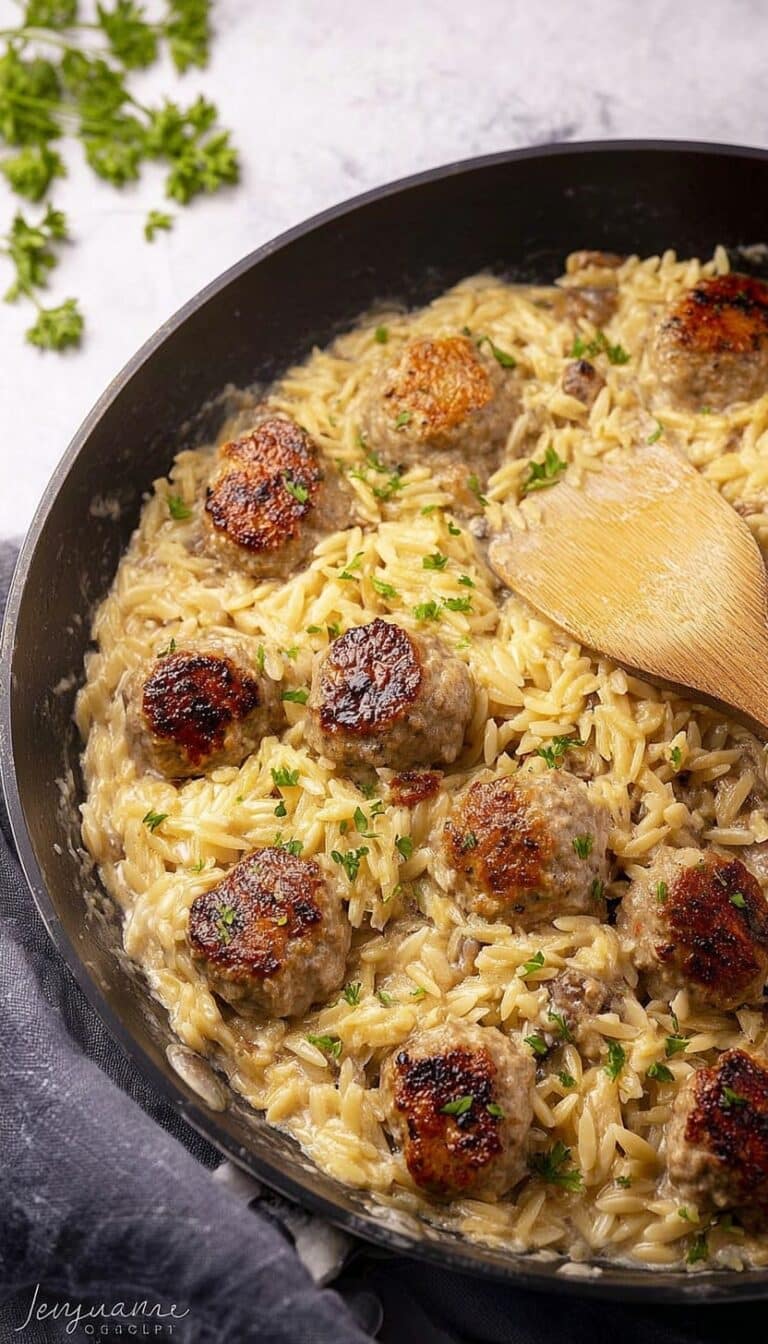 One Pan Chicken Meatballs with Garlic Parmesan Orzo Recipe