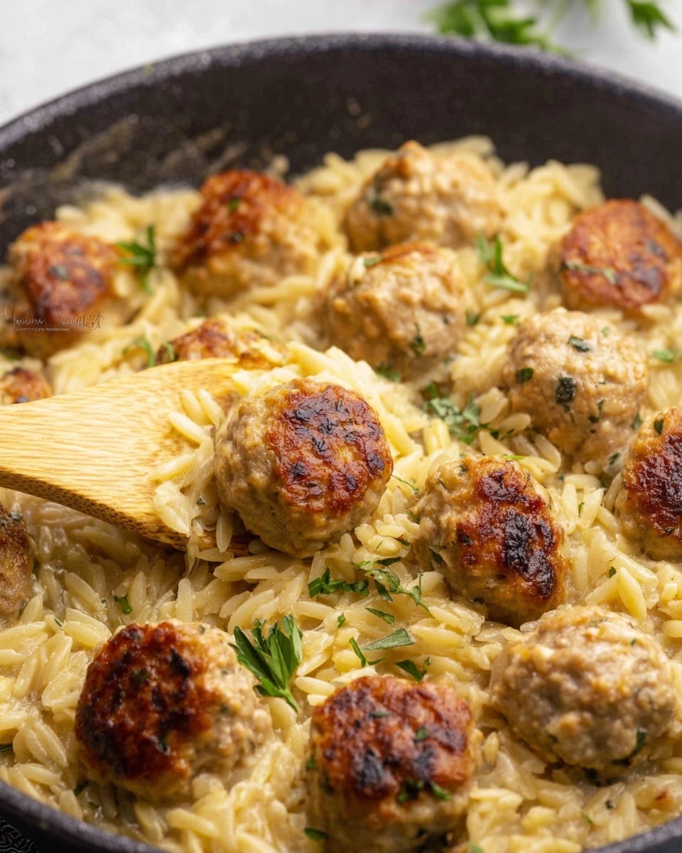 One Pan Chicken Meatballs with Garlic Parmesan Orzo Recipe - Recipe Image