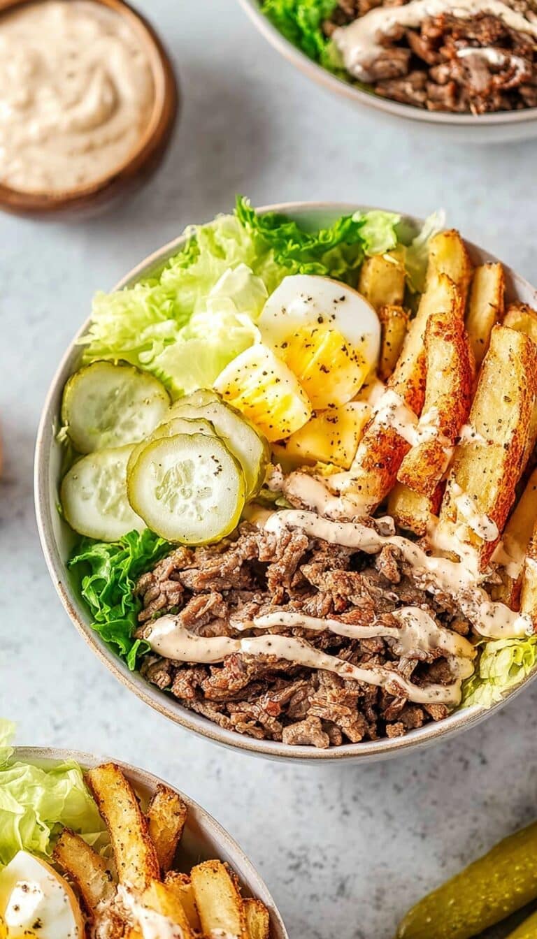 Burger Bowls with Spiced Beef, Lettuce, Cheese, Pickles, and Creamy Sauce Recipe