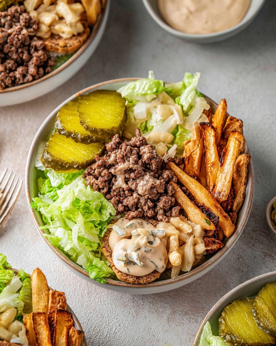 Burger Bowls with Spiced Beef, Lettuce, Cheese, Pickles, and Creamy Sauce Recipe - Recipe Image