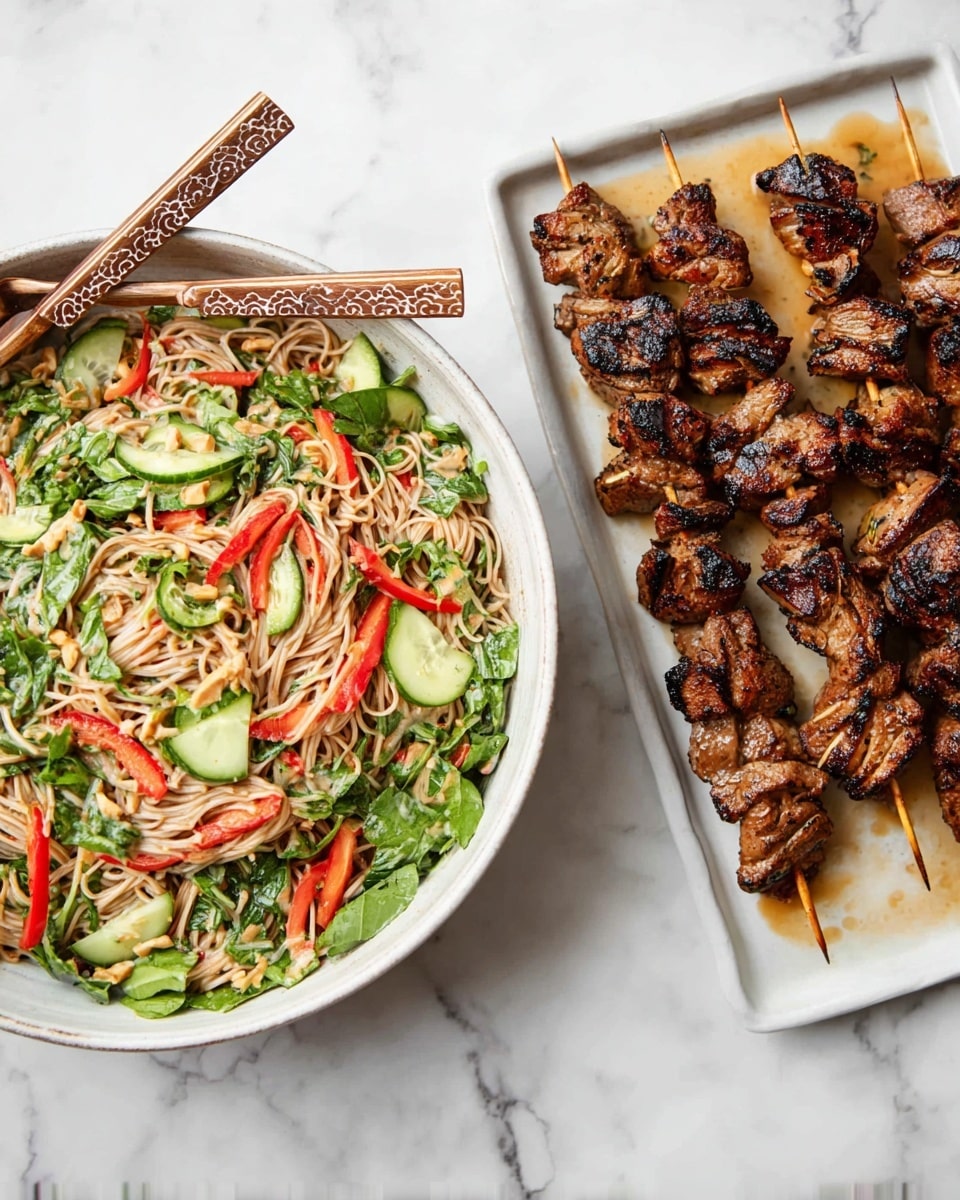 The image shows two dishes placed on a white marbled surface. On the left, a white bowl filled with a noodle salad that has three main layers: long light brown noodles as the base, scattered slices of bright green cucumbers and red bell peppers on top, mixed with fresh green leafy herbs and creamy light sauce coating everything, with some pieces of crushed peanuts giving a small crunchy texture. Two wooden utensils with patterned handles rest inside the bowl. On the right, a white rectangular plate holds five metal skewers with pieces of grilled meat, each piece showing a dark brown, slightly charred surface and juicy texture, arranged closely together with some sauce pooling below the skewers. Photo taken with an iphone --ar 4:5 --v 7
