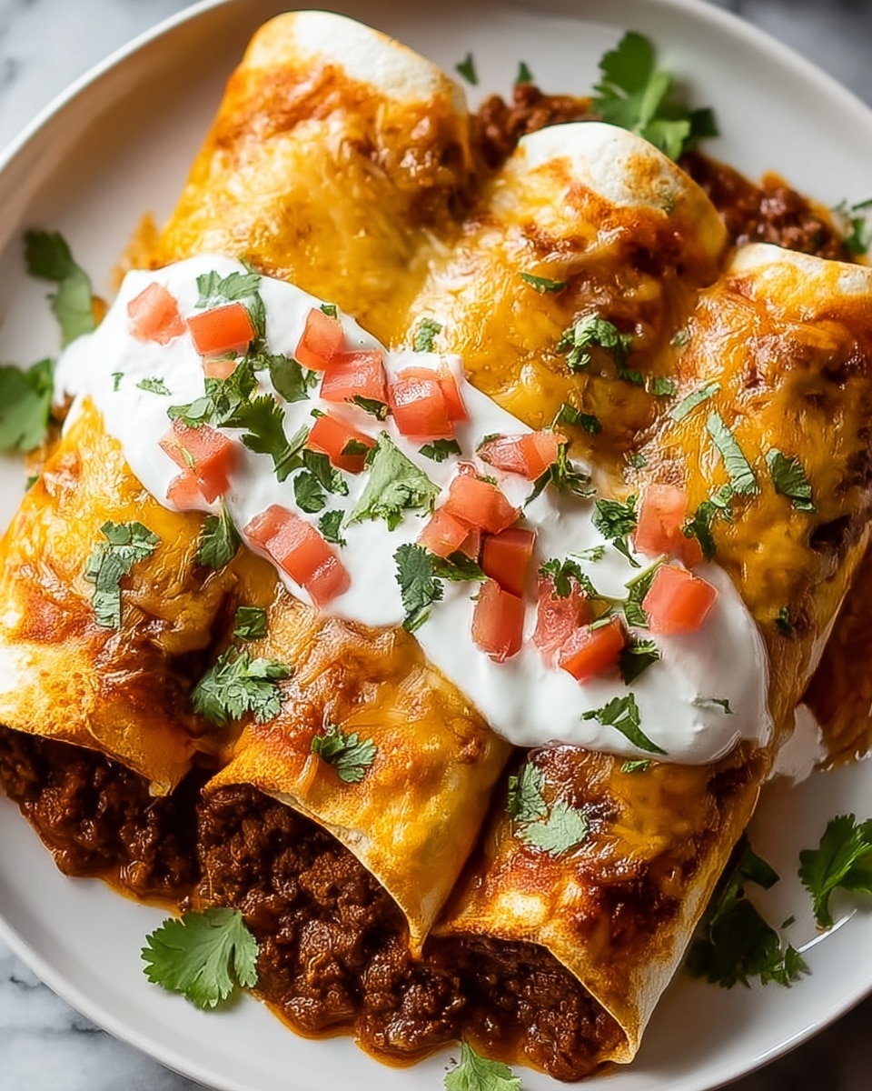 The image shows a white rectangular dish filled with rolled tortillas layered three times; the bottom layer is a spicy red meat sauce with ground meat, the middle layer is soft melted yellow and white cheese spread evenly over the tortillas, and the top layer has a thick swirl of white sour cream or crema down the middle, sprinkled with bright red chopped tomatoes and fresh green cilantro leaves. The edges of the tortillas are slightly browned and soft, and the dish is placed on a white marbled surface with some cilantro visible in the background. photo taken with an iphone --ar 4:5 --v 7