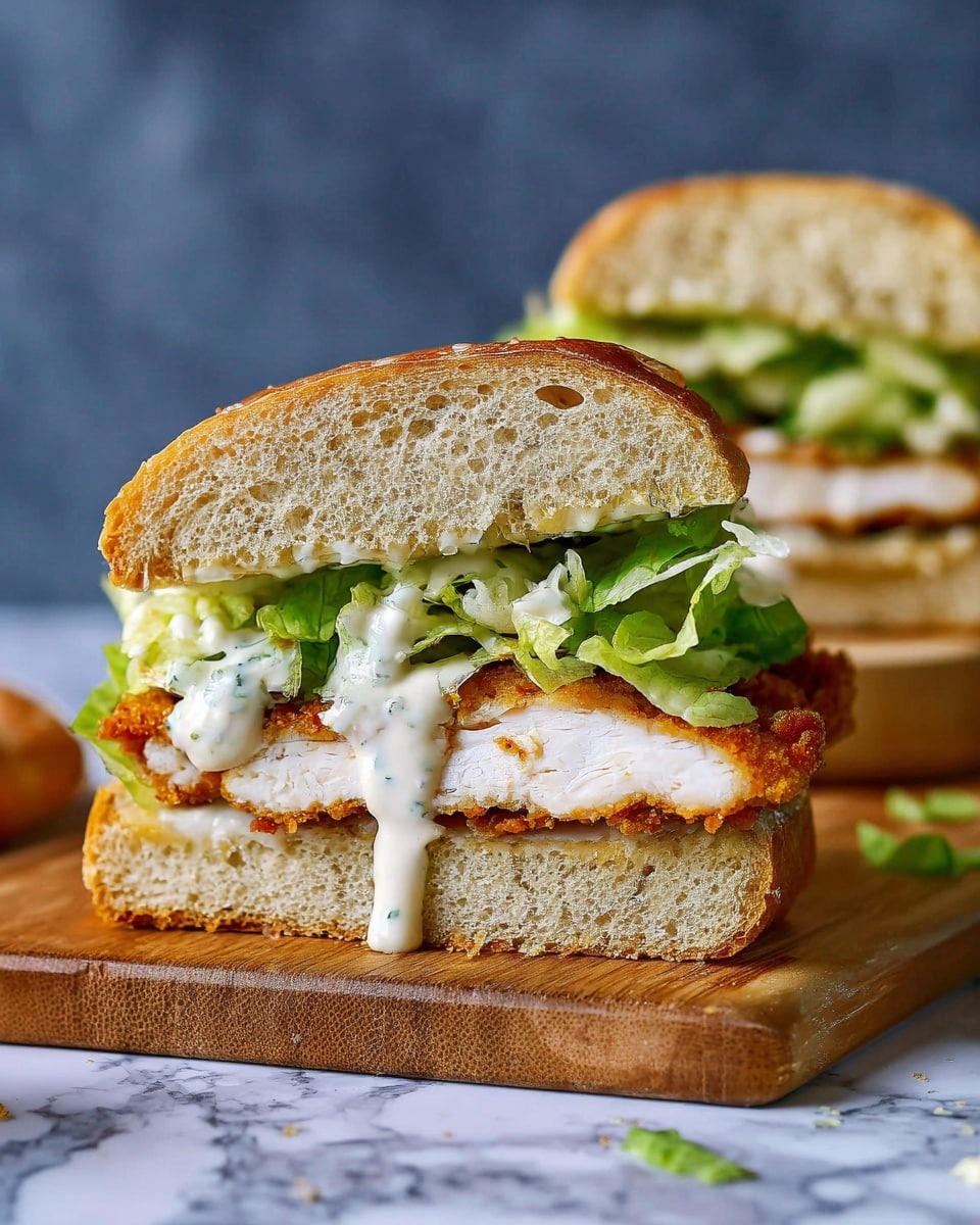The image shows a sandwich cut in half on a wooden board, placed on a white marbled surface. The sandwich has three clear layers: the bottom layer is a thick slice of soft, light brown bread with a slightly crusty exterior, the middle layer is a crispy, golden brown fried chicken fillet, and the top layer consists of fresh, bright green lettuce leaves with a creamy white sauce dripping over the chicken. The sandwich halves lean slightly backward, showing the texture and layers inside. In the background, blurred out, is another part of the sandwich on the same white marbled surface. Photo taken with an iphone --ar 4:5 --v 7