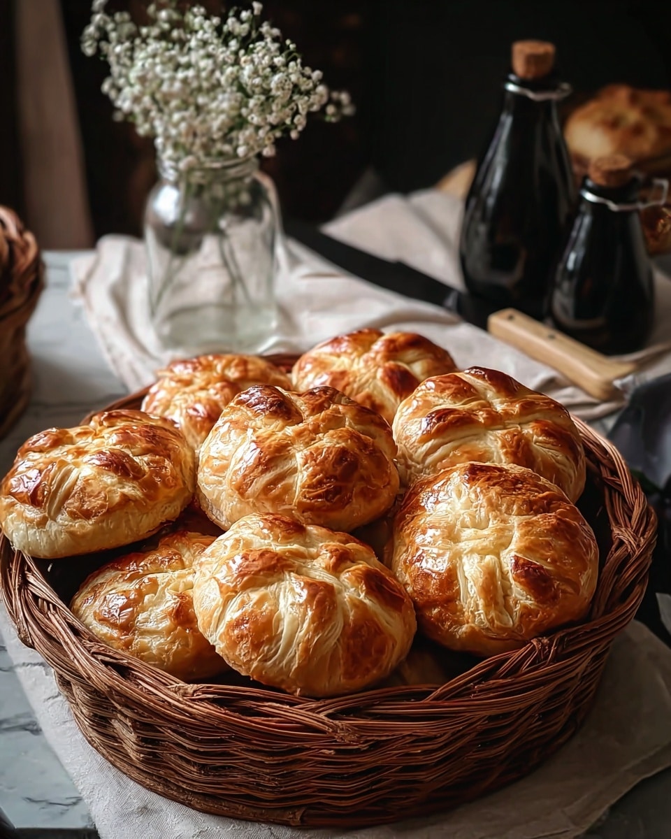 A round wicker basket filled with eight golden brown pastries on a white marbled texture background, each pastry showing flaky, shiny layers and a twisted strip of dough crossing on top, lightly browned in some spots. Behind the basket, there is a clear glass jar with delicate white flowers, several large dark bottles, folded white cloth napkins, and a black butter knife resting on the napkins. The lighting highlights the rich texture of the pastries and the cozy setting. photo taken with an iphone --ar 4:5 --v 7