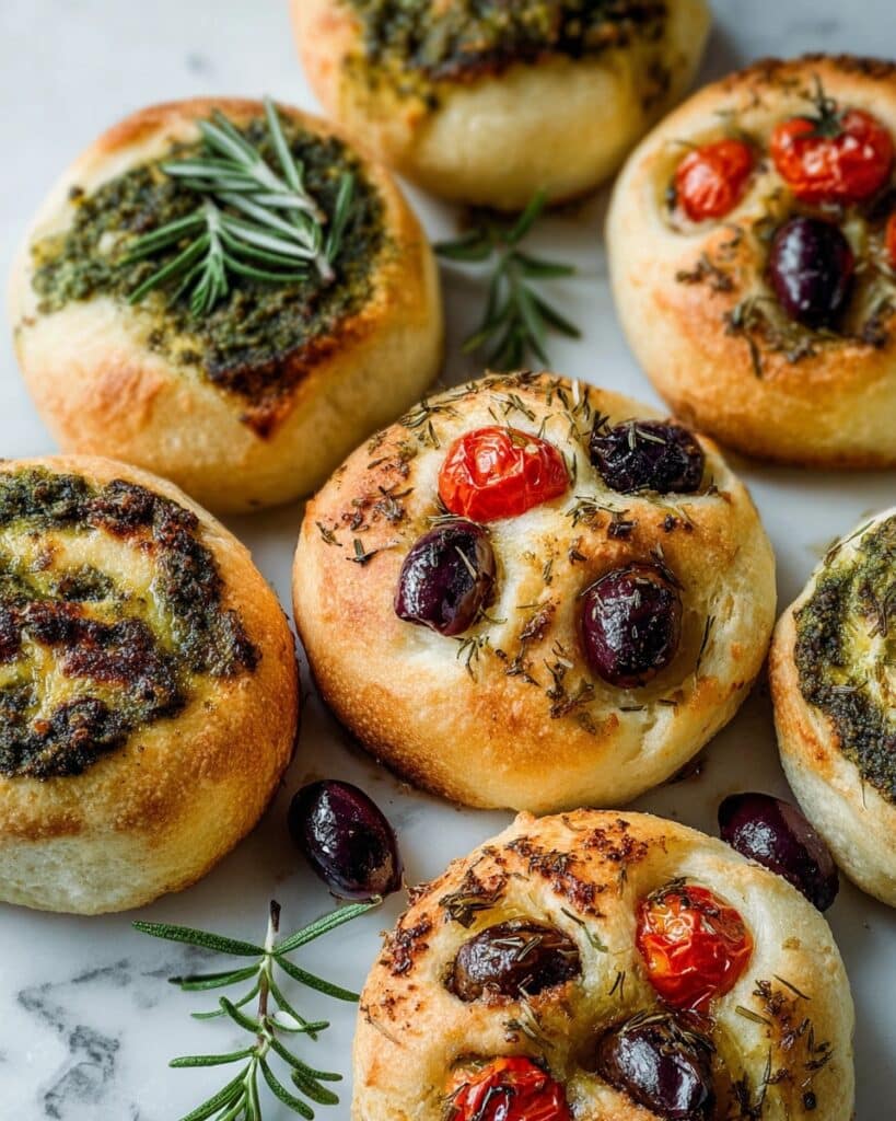 Focaccia Muffins with Basil Pesto, Rosemary, and Cherry Tomatoes Recipe