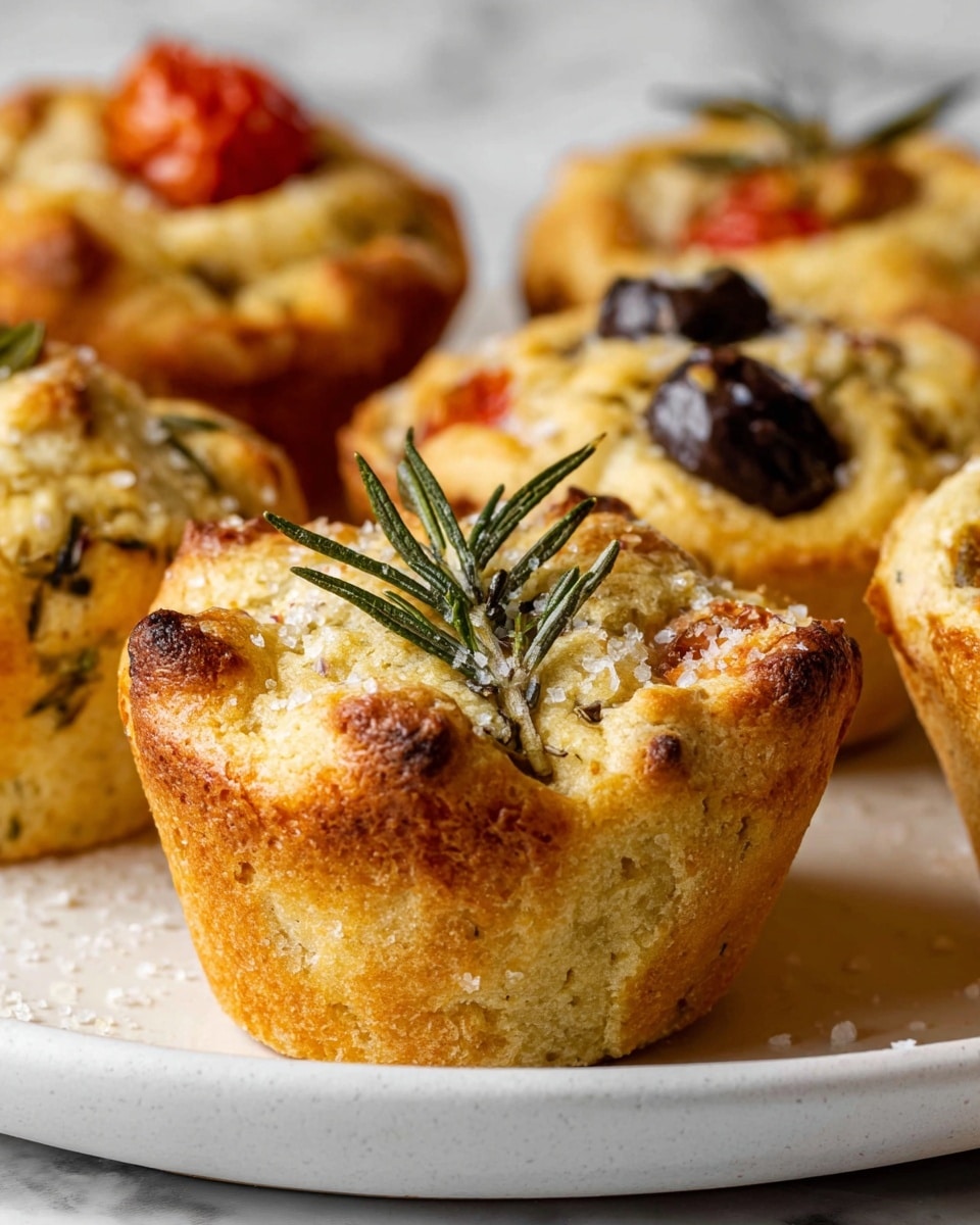 The image shows several golden brown muffins on a white plate with a white marbled surface underneath. The muffins each have about one thick layer with a slightly crispy top sprinkled with coarse salt. One muffin in the foreground is decorated with two small green rosemary leaves, while others have vegetable toppings like half a shiny black olive and a piece of red tomato embedded slightly into the soft, puffy tops. The texture of the muffins looks light and airy. The background is softly blurred to keep focus on the muffins. photo taken with an iphone --ar 4:5 --v 7